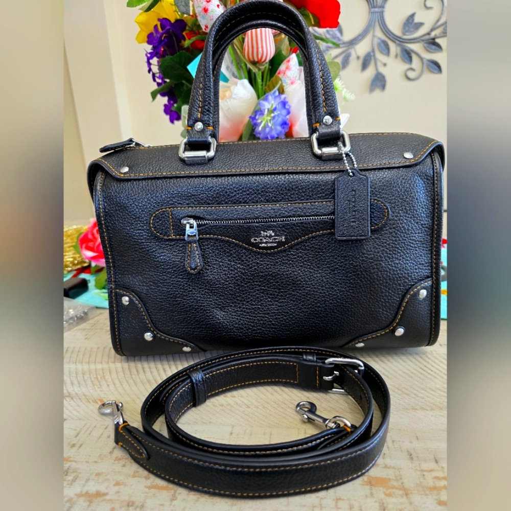 COACH Millie Black Silver Logo Leather Satchel Crossbody Shoulder Bag $550